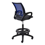 Britney Mesh Draughtsman Chair by 67, a Black Office Chair with a Blue Mesh Back, Armrests, and Five-Star Base with Wheels, Showcasing Its Durable Design and Comfortable Features for Optimal Functionality.