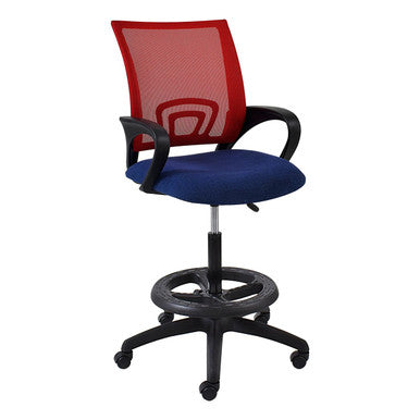 Britney Mesh Draughtsman Chair by 67, Featuring a Red Mesh Back, Blue Seat, and Black Armrests on a Five-Legged Base with a Swivel Tilt Mechanism, Showcasing Its Ergonomic Design and Durable Construction.