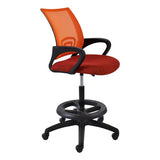 Britney Mesh Draughtsman Chair by 67, a Vibrant Home Office Chair with a Sturdy Black Base, Red Cushioned Seat, and Orange Mesh Backrest, Featuring Adjustable Height and Ergonomic Design for Comfort.