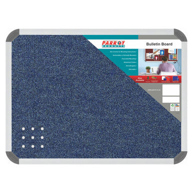 Bulletin Board Ribbed Aluminium Frame (600 x 450 mm - Denim) BD0620C, Image of a Blue Denim Textured Corkboard with a Silver Aluminium Frame for Office or School Use.