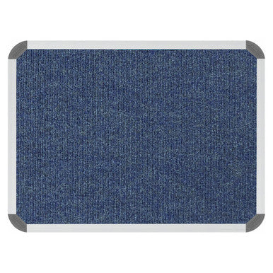 Bulletin Board Ribbed Aluminium Frame, 600 x 450 mm - Denim with Navy Blue Textured Fabric Surface and Silver Aluminium Edges.