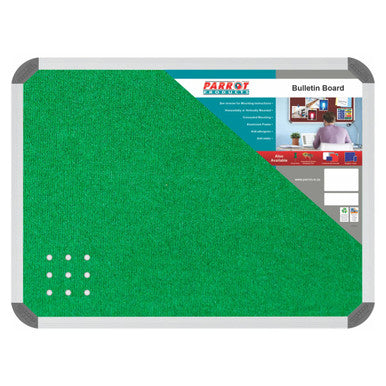 Bulletin Board Ribbed Aluminium Frame (600 x 450 mm - Palm), a Green Textured Cork Surface with a Silver Aluminium Frame for Displaying Notices and Announcements.