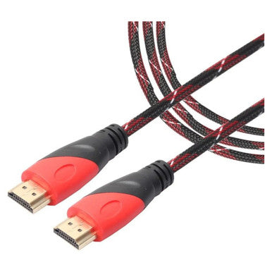 Cable - HDMI 4K 60 Hz - 5M CL1005-4K, Close-Up of Two HDMI Connectors with Red and Black Braided Cables.