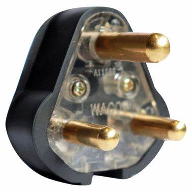 Cable - Power Plugs 1 x 3Pin 1 X IEC, Close-Up of Power Plug with Gold-Plated Prongs and Clear Plastic Casing Showing Internal Structure.