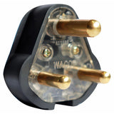 Cable - Power Plugs 1 x 3Pin 1 X IEC, Close-Up of Power Plug with Gold-Plated Prongs and Clear Plastic Casing Showing Internal Structure.