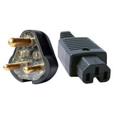 Cable - Power Plugs 1 x 3Pin 1 X IEC, Image Showing a Power Plug with Three Gold Pins and an IEC Connector for Electrical Appliance Connections.