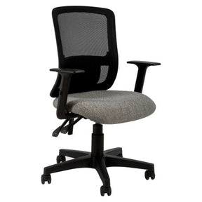 Calvi Typist Mesh Office Chair, Ergonomic Office Chair with Adjustable Armrests, Black Mesh Backrest, Grey Cushioned Seat, and Five-Wheel Base for Comfort and Mobility.