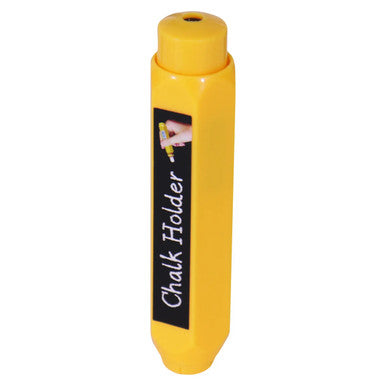 Chalk Holder Plastic Single Unit CH0001Y, Yellow Chalk Holder with a Black Label and an Image of a Hand Inserting a Chalk Stick.