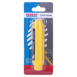 Chalk Holder Plastic Single Unit CH0001Y, Yellow Plastic Chalk Holder in Packaging with Product Features Listed.