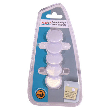 Circular Magnets, Extra Strong - 5 per Card - White - Size 30 mm, Product Packaging Showing Five Round White Magnets in a Plastic Container.