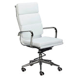 Classic Eames Cushion High-back Chair, White Leather Office Chair with Metal Armrests and Base, Adjustable Height, and Casters for Mobility.