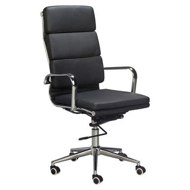 Classic Eames Cushion High-back Chair, Black Leather Ergonomic Office Chair with High Backrest, Chrome Armrests, and Five-Wheel Base for Office Comfort and Style.