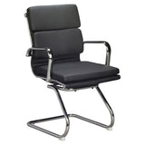 Classic Eames Cushion Visitor Office Chair, Black Leather Padded Seat with Ergonomic Backrest and Chrome Metal Frame, Modern Office Visitor Office Chair Design.