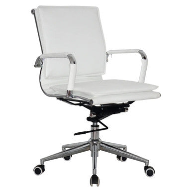 Classic Eames Flat Cushion Medium-back Chair, Modern White Office Chair with Cushioned Seat and Backrest, Chrome Armrests and Base with Caster Wheels.