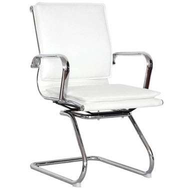 Classic Eames Flat Cushion Visitor Office Chair, White Cushioned Seat and Backrest with Chrome Frame and Armrests.