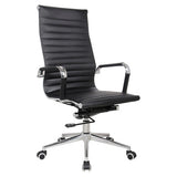 Classic Eames Ribbed High-back Chair, Black Leather Ergonomic Office Chair with Chrome Armrests and a Silver Base with Caster Wheels.