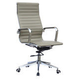 Classic Eames Ribbed High-back Chair, Beige Colour with Ribbed Texture, Chrome Armrests and Base, Adjustable Height, and Caster Wheels for Mobility.
