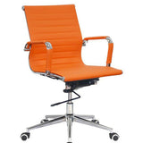 Classic Eames Ribbed Medium-back Chair, Orange Modern Ergonomic Office Chair with Ribbed Upholstery, Chrome Armrests and a Five-Star Wheeled Base.