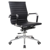 Classic Eames Ribbed Medium-back Chair, Modern Black Leather Office Chair with Ribbed Design, Chrome Frame, and Caster Wheels.