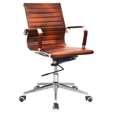 Classic Eames Ribbed Medium-back Chair, Modern Ergonomic Office Chair with High Backrest, Ribbed Wooden Finish, Chrome Armrests, and a Wheeled Base for Mobility.