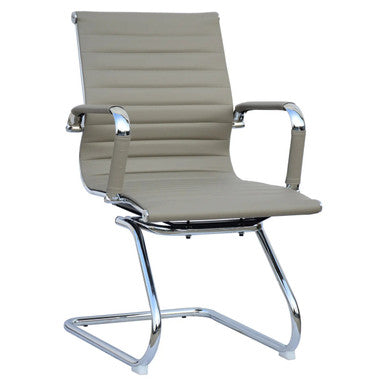 Classic Eames Ribbed Visitor Office Chair, Modern Ergonomic Office Chair with Beige Ribbed Upholstery and Sleek Chrome Frame.