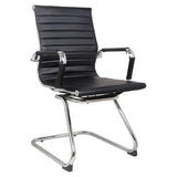 Classic Eames Ribbed Visitor Office Chair, Black Leather Upholstery with Ribbed Design and Chrome Frame.
