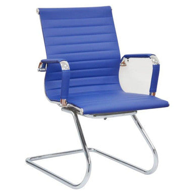 Classic Eames Ribbed Visitor Office Chair, Blue Ribbed Upholstery with Chrome Armrests and a Sled Base Design.