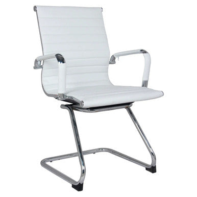 Classic Eames Ribbed Visitor Office Chair, Modern White Chair with Ribbed Upholstery, Chrome Frame, and Armrests.