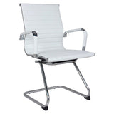 Classic Eames Ribbed Visitor Office Chair, Modern White Chair with Ribbed Upholstery, Chrome Frame, and Armrests.
