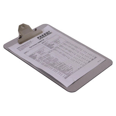 Clipboard Brushed Aluminium ACP (A4 - 355 x 230 mm) CB3015, Image Showing a Brushed Aluminium Clipboard with a Paper Clipped on Top.