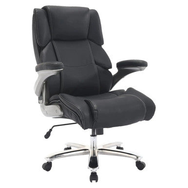 Comfort 400LBS Big and Tall High-back Office Chair, Black Leather Ergonomic Executive Chair with Padded Headrest, Armrests, and Adjustable Height on a Chrome Base with Caster Wheels.