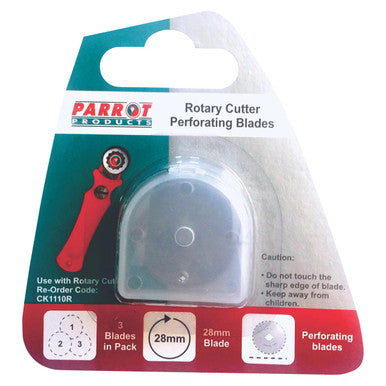 Craft Knife Rotary Blades 28 mm Perforate CK1112, Packaging Containing Three Blades in a Plastic Case with Product Details and Caution Instructions.