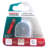 Craft Knife Rotary Blades 28 mm Perforate CK1112, Packaging Containing Three Blades in a Plastic Case with Product Details and Caution Instructions.