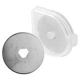Craft Knife Rotary Blades 28 mm Straight CK1111, Circular Metal Cutting Blade with a Central Hole, Positioned in Front of a Transparent Protective Case.