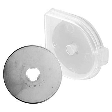 Craft Knife Rotary Blades 28 mm Straight CK1111, Circular Metal Cutting Blade with a Central Hole, Positioned in Front of a Transparent Protective Case.