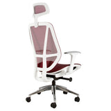 Crystal High-back Office Chair, Ergonomic Modern Mesh Chair with Red Cushioned Seat, Adjustable Armrests, White Frame, and a Headrest Designed for Comfort and Support in the Workspace.