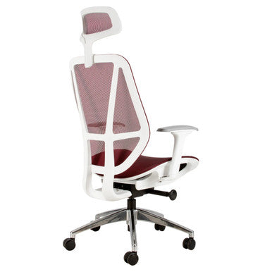 Crystal High-back Office Chair, Ergonomic Modern Mesh Chair with Red Cushioned Seat, Adjustable Armrests, White Frame, and a Headrest Designed for Comfort and Support in the Workspace.