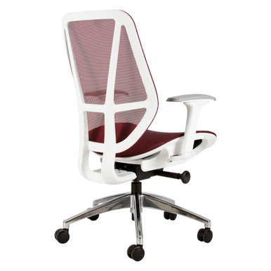 Crystal Medium-back Office Chair, Ergonomic Office Chair with a Red Mesh Backrest, Cushioned Red Seat, White Frame, Adjustable Armrests, and Chrome Base with Caster Wheels