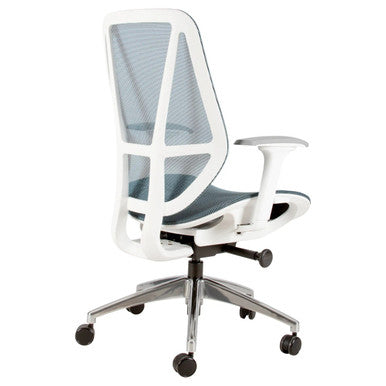 Crystal Medium-back Office Chair, Modern Ergonomic Office Chair with a White Mesh Backrest, Cushioned Seat, Adjustable Armrests, and a Chrome Base with Caster Wheels.