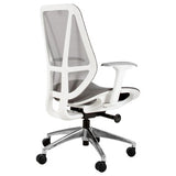 Crystal Medium-back Office Chair | Cec-MCH-Cry, Ergonomic Office Chair with a White Frame, Black Mesh Backrest, Cushioned Seat, Adjustable Armrests, and a Silver Base with Caster Wheels.