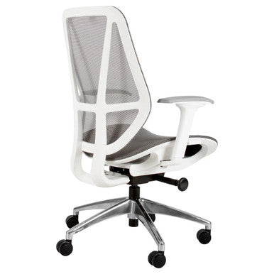 Crystal Medium-back Office Chair | Cec-MCH-Cry, Ergonomic Office Chair with a White Frame, Black Mesh Backrest, Cushioned Seat, Adjustable Armrests, and a Silver Base with Caster Wheels.