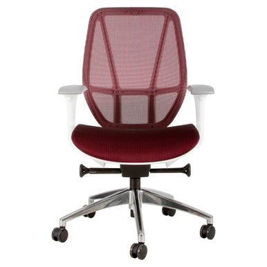 Crystal Medium-back Office Chair, Ergonomic Office Chair with Red Mesh Backrest, Cushioned Red Seat, Adjustable Armrests, and Chrome Base with Caster Wheels.