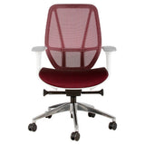 Crystal Medium-back Office Chair, Ergonomic Office Chair with Red Mesh Backrest, Cushioned Red Seat, Adjustable Armrests, and Chrome Base with Caster Wheels.