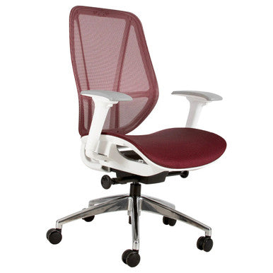 Crystal Medium-back Office Chair, Ergonomic Office Chair with Red Mesh Backrest, Cushioned Seat, White Armrests, and a Chrome Five-Wheel Base.