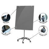 Customisable Glass Flipchart 900 x 1200 mm BD9144, with Adjustable Height, Lockable Casters, Integrated Pen Tray, Paper Hooks, and a Sleek Glass Surface for Versatile Presentations.