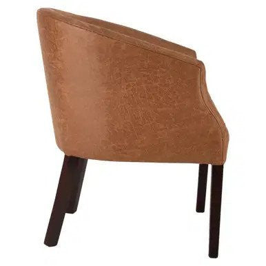 Delhi Tub Chair in Brown Leather Upholstery with Black Legs, Offered by Office Stock South Africa, Featuring a Curved Back and Ergonomic Design, Presented on a White Background.