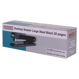 Desktop Large Steel Stapler 210*(24/6 26/6) Black 20 Pages, Product Packaging Box with an Image of the Black Stapler and Specifications for Office and Home Use.