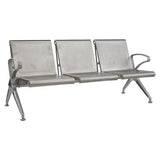 Die Cast Aluminium Airport Bench, a Sleek Metallic Bench with Three Seats Featuring Perforated Backrests and Armrests on Either End.