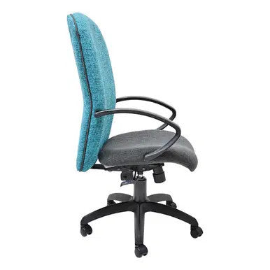 Diva High-back Office Chair by Office Stock South Africa, a Durable Office Chair with Teal Backrest, Grey Seat, and Black Frame, Featuring a High-back and Armrests, on a Five-Legged Base with Wheels.