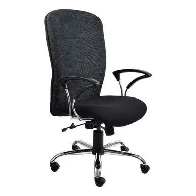Diva High-back Office Chair by 67, a Durable Office Chair with Black Fabric Upholstery, Silver Metal Frame, and Five-Star Base with Casters, Featuring Adjustable Armrests and a High Backrest for Ergonomic Support.